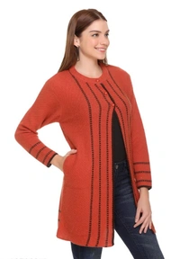 CLAPTON Women Round Neck Rust Full Sleeve  With Pocket Wool Cardigan (Outer Long) - M, Rust, Wool, Pack of1